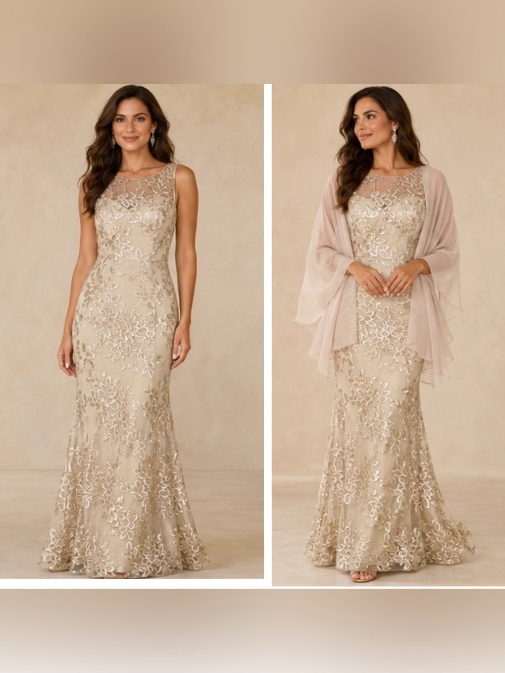 Ignite Evenings Champagne Gold
Sequin Embroidered Gown & Shawl, Size Medium (10)